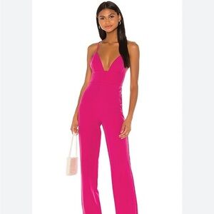 NBD Fuchsia Plunge V-Neck Wide Leg Jumpsuit